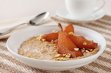 Hazelnut And Cinnamon Porridge With Pink Poached Pears